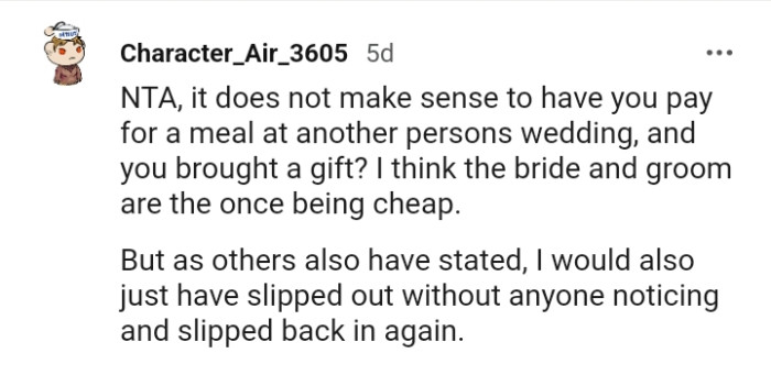 The bride and the groom are the ones being cheap