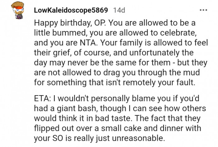 'You are allowed to be a little bummed, you are allowed to celebrate, and you are NTA.'