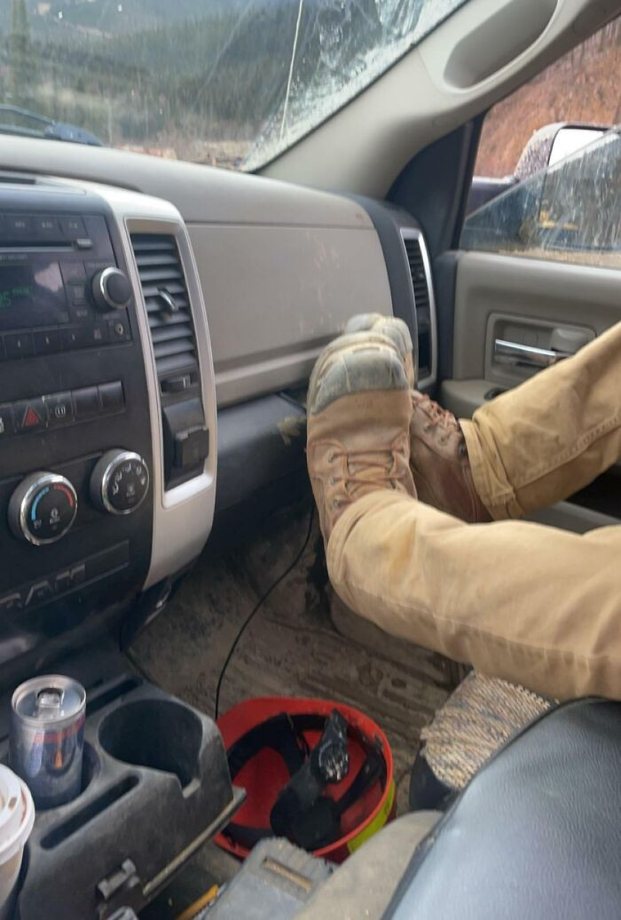 32. My colleague consistently assumes this particular sitting posture whenever they are in my work vehicle.