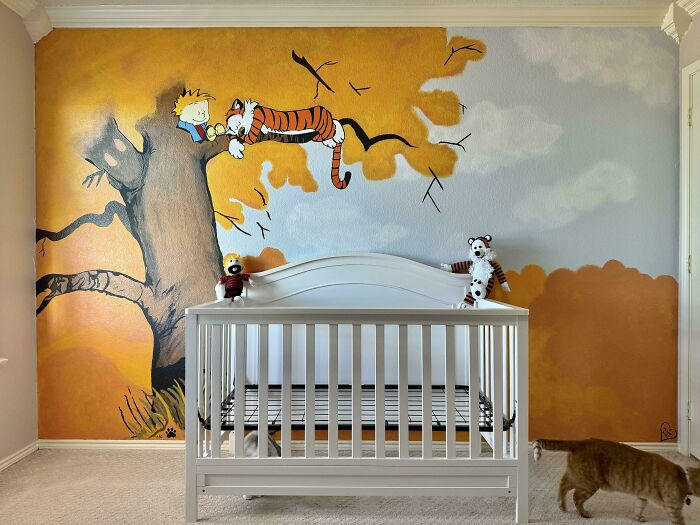 "I Painted A Calvin & Hobbes Mural For Our Baby Girl’s Nursery"