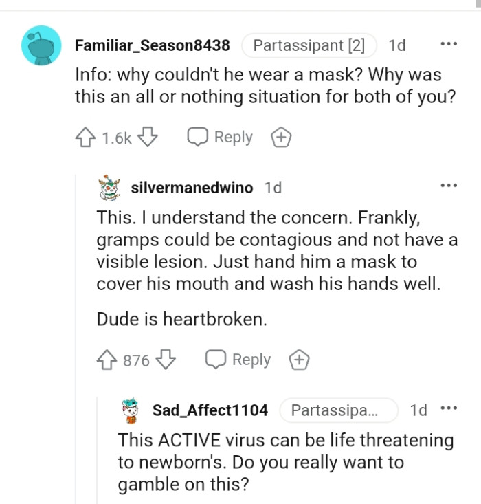 Handing him a mask to cover his mouth