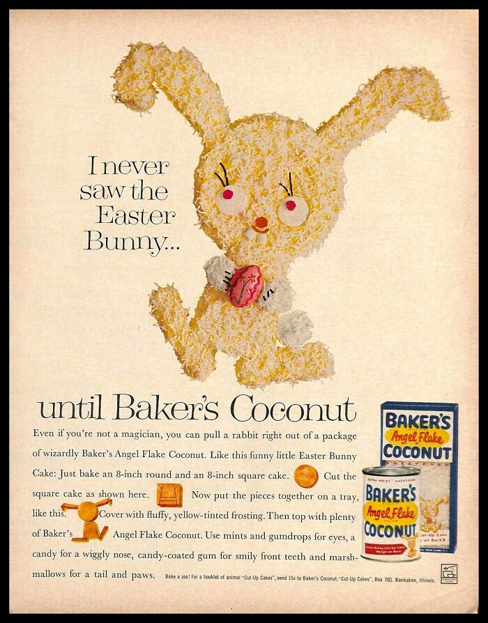 1962, Bakers Angel Flake Coconut, Ft. Easter Bunny Cake