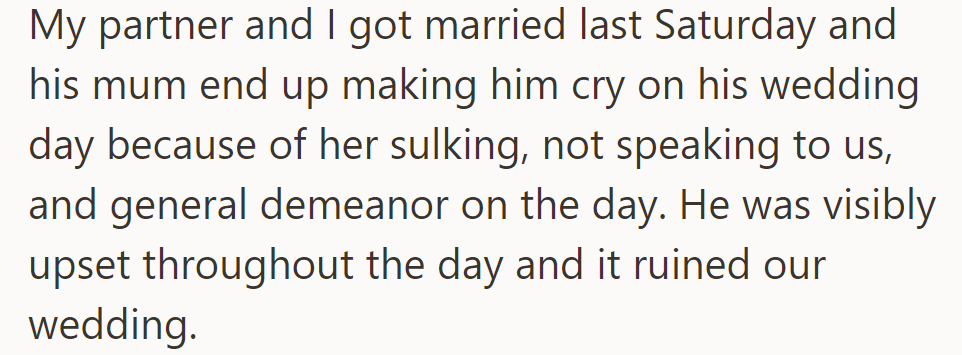 OP and their partner got married last Saturday, but his mum's sulking ruined the day, making him visibly upset and spoiling their wedding.