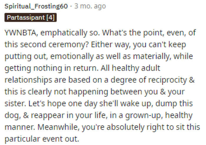 It seems like people were telling OP that they'd be in the right to sit this event out because of her feelings and also because of their recent fight.