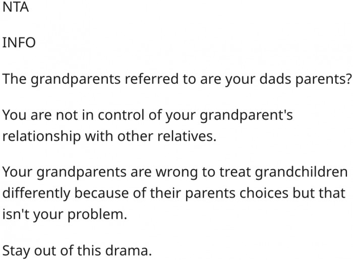 13. She has no say in how her grandparents choose to treat their relatives.
