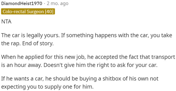 The Roommate Should Find His Own Transportation Solution Instead of Relying on OP's Car