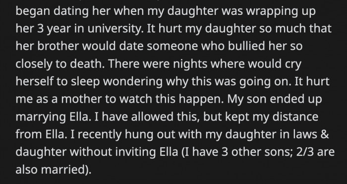 Ella got hurt when she found out and asked OP what did she do to deserve this kind of treatment