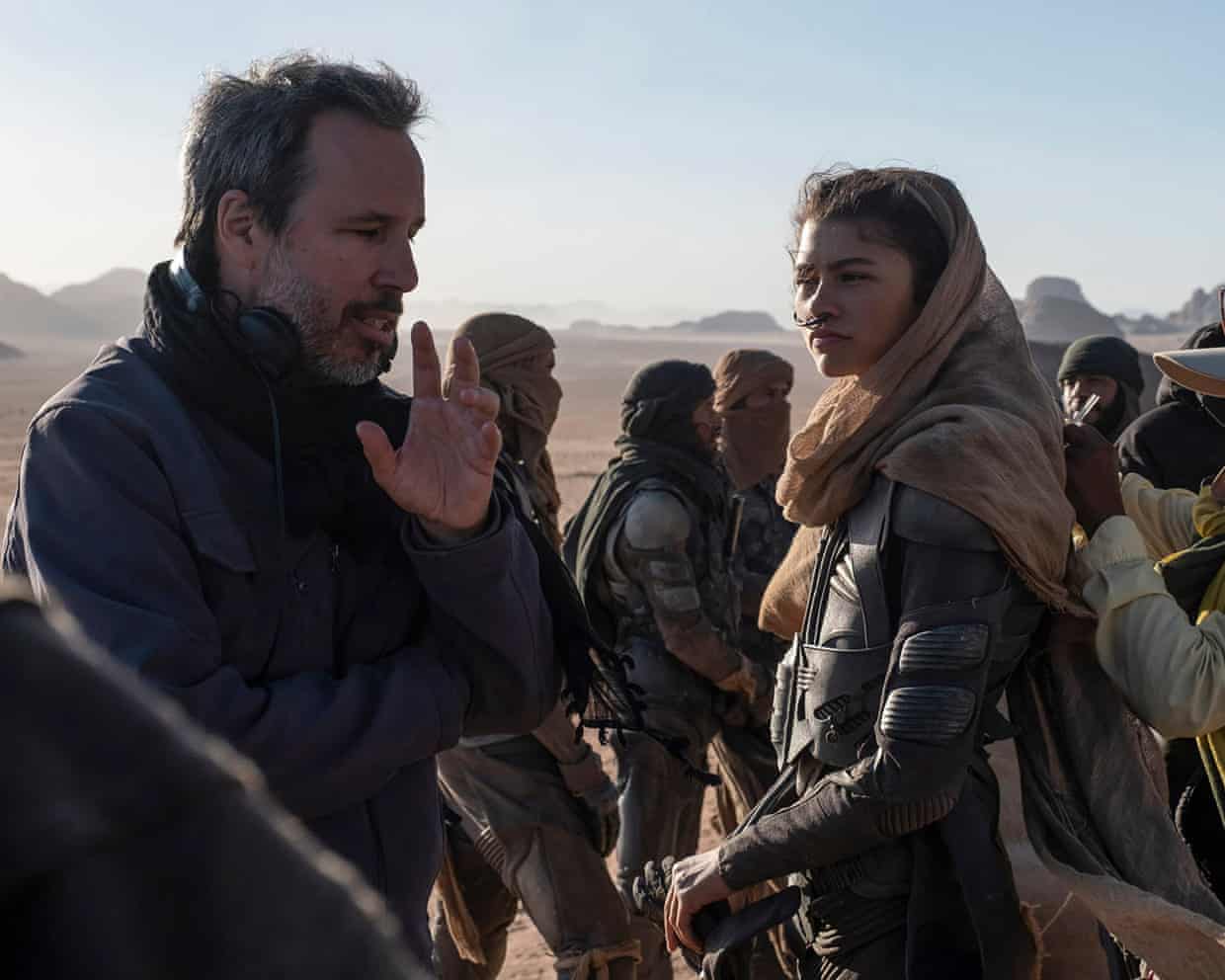 Denis Villeneuve directing Zendaya on the set of Dune: Part Two.