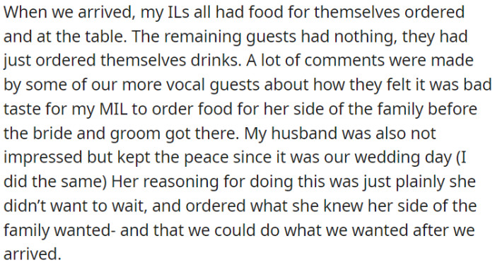Before the newlyweds arrived at the restaurant, OP's mother-in-law placed a food order for herself, whereas the rest of the guests only ordered beverages.