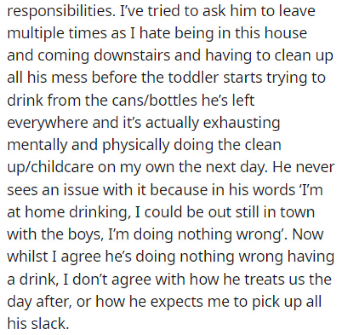 After a night of drinking, OP's partner is nowhere to be found the next day as he spends the day in bed