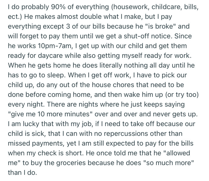 OP Explained That She Does Most of the Housework, Childcare, and Pays a Majority of Their Bills