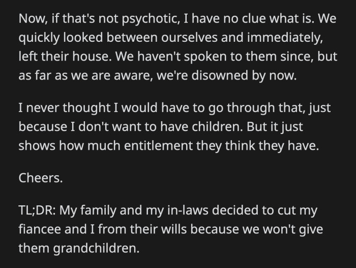 OP was shocked by the lengths their parents would go to just to manipulate them into having kids