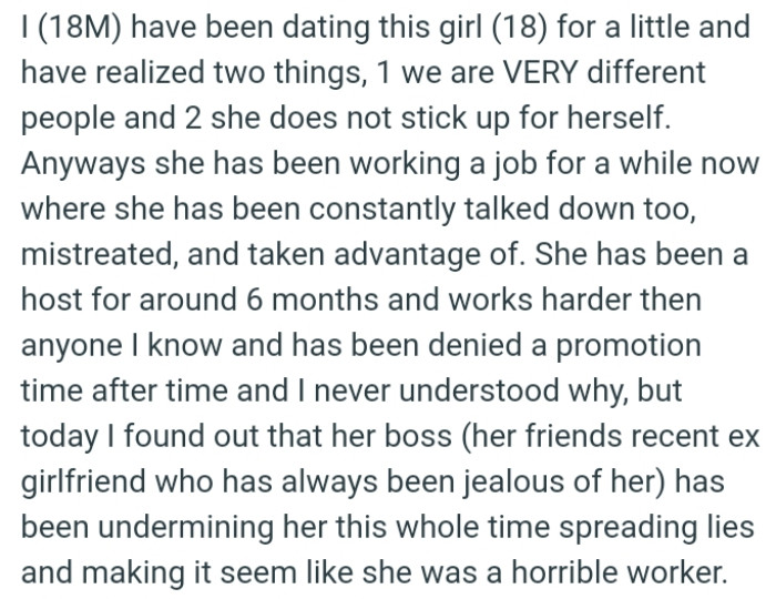 OP's GF has been denied a promotion time after time, and he never understood why