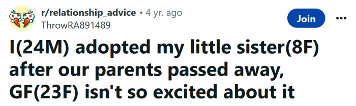 The Redditor asked for advice after his parents passed away, and he adopted his little sister.