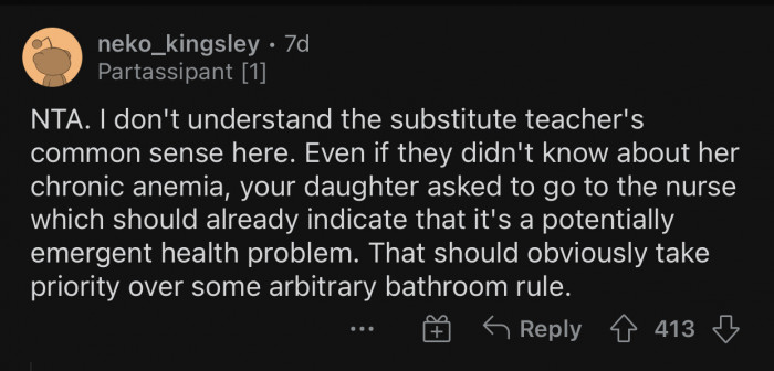 Regardless of OP's daughter's health issues, the substitute teacher should allow students to leave in such cases.