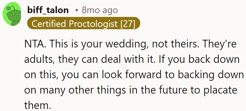Wedding, not Momfest! Time for them to adult up. NTA, they should stand their ground!