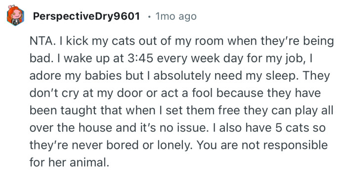 “NTA. I kick my cats out of my room when they’re being bad.”