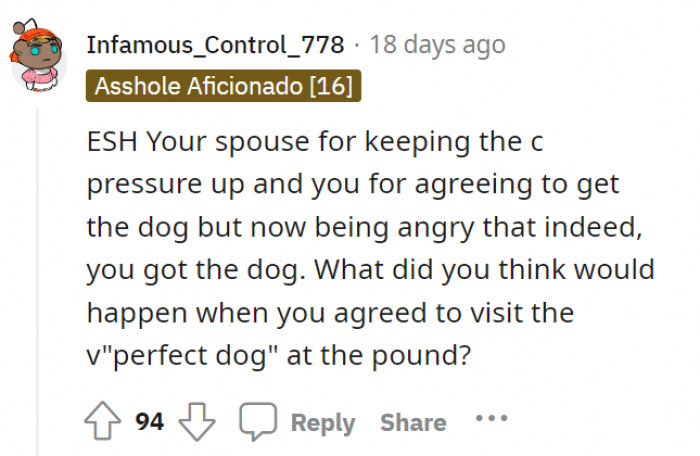 ESH—plain and simple. The spouse was pressuring and OP was agreeing to get the dog.