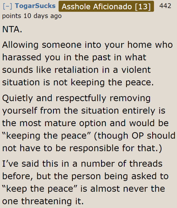 Her parents' idea of keeping the peace is just wrong.