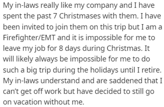 OP spent the last seven Christmases with his in-laws since they really like him