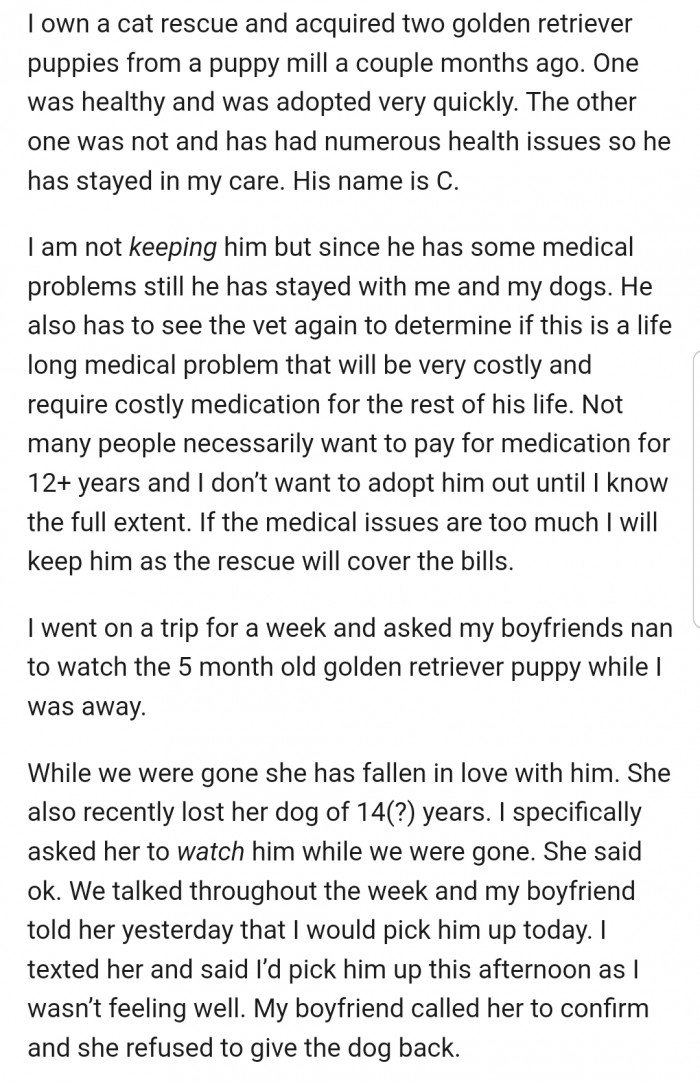 OP decided to keep her foster dog in the care of her boyfriend's nan while she went on a trip. But little did she know that getting the pup back would prove impossible.