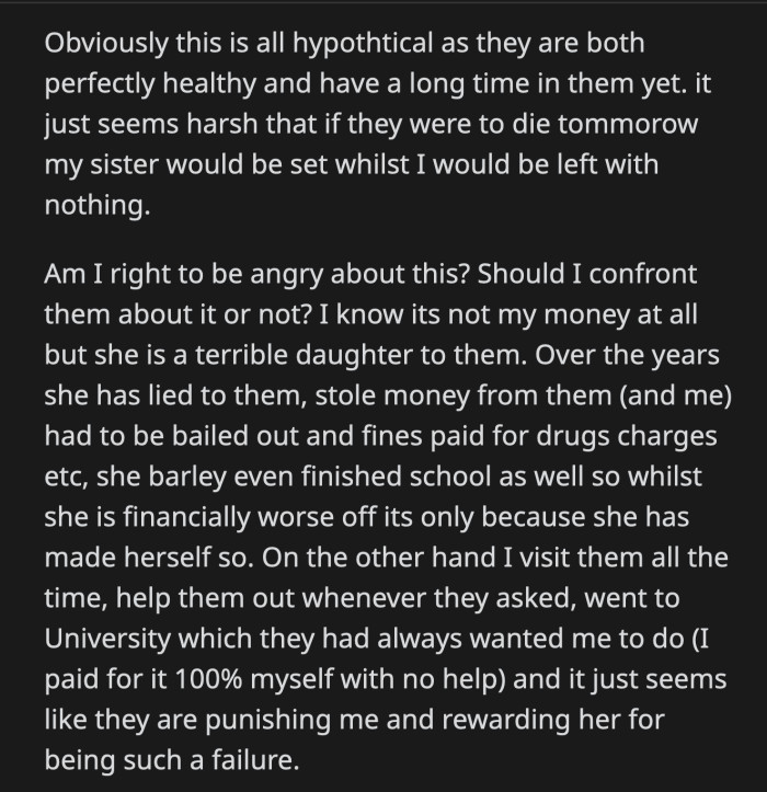 His Sister Gave Their Parents Nothing but Headaches, While OP Was a Dutiful Son