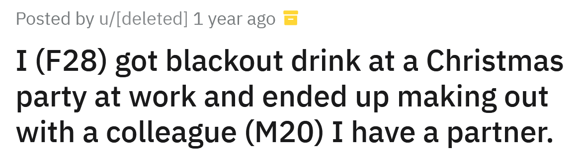 The Redditor asked for advice after she made out with a colleague at her work Christmas party.