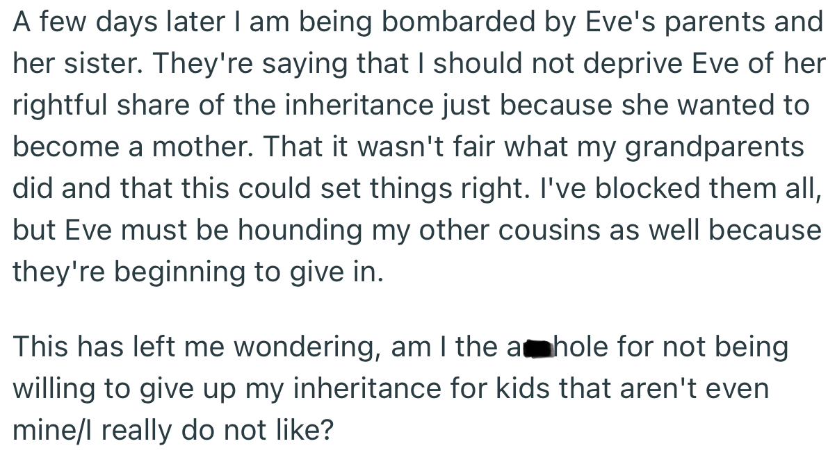 OP was the only person to openly reject Eve’s idea, and ever since, they have been facing harassment from Eve’s parents and siblings