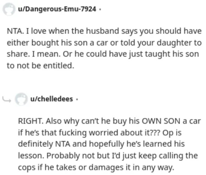 Buying her stepson a car isn't the OP's responsibility, but it's the husband's responsibility to make his son realize his mistake.