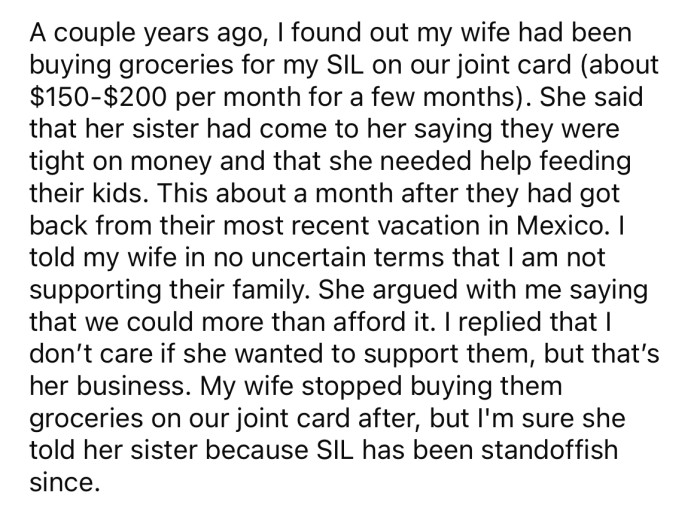 A couple of years ago, the Redditor found out that the OP had been buying groceries for her sister on their joint card.