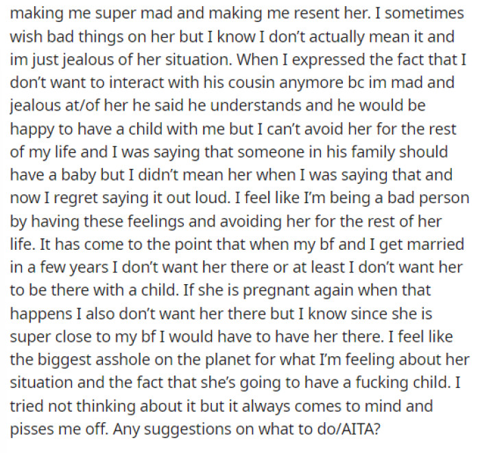 She delves into her feelings here and explains how she feels about her cousin being pregnant.