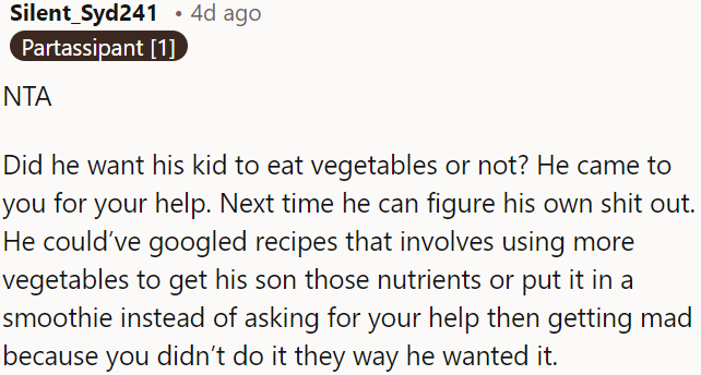 OP's brother could have found recipes or alternatives himself instead of relying solely on OP.