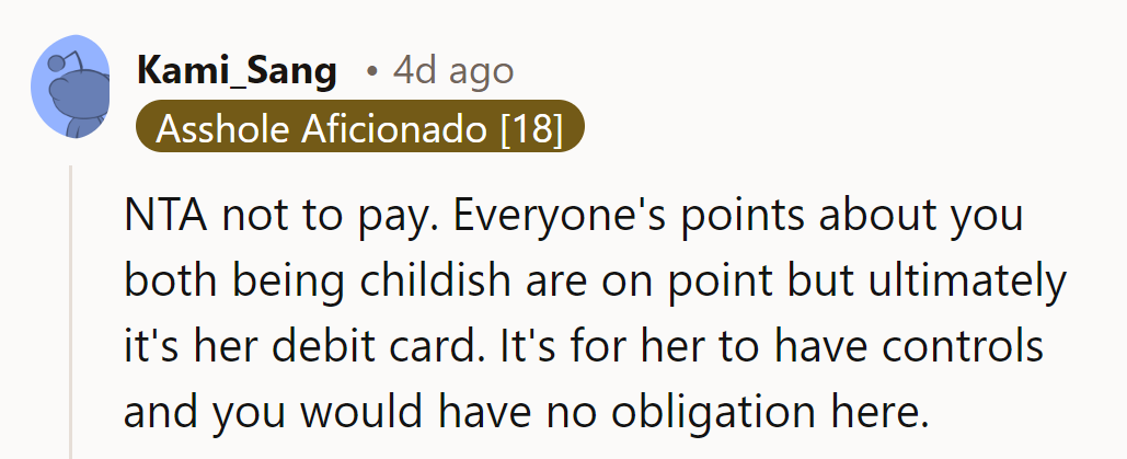 NTA for refusing to pay. Her card, her responsibility—simple as that!