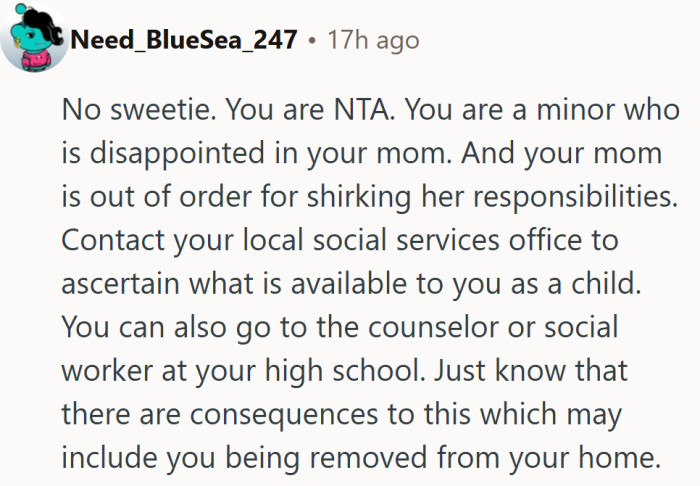 Kind but real advice, reminding her that safety can come with painful choices.