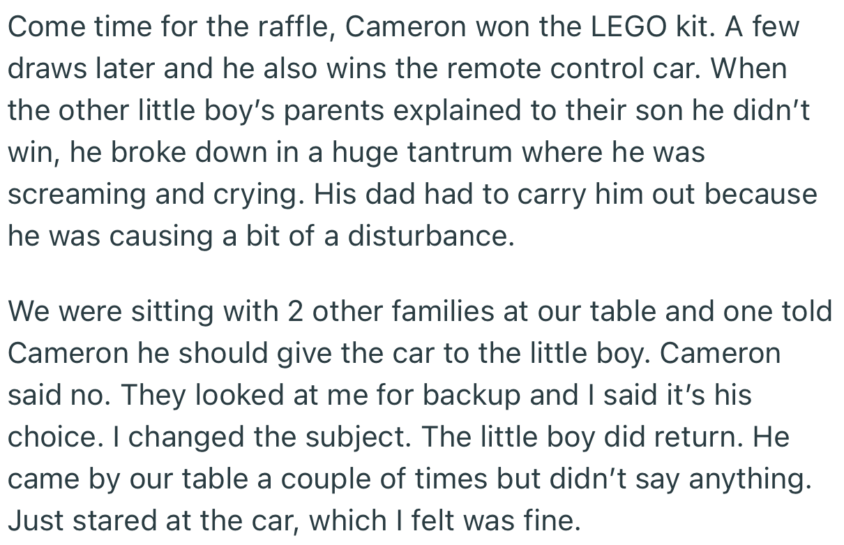 One family insisted that OP’s son give one toy to the sobbing kid, but OP stuck to her son’s decision to keep both toys that he won
