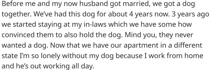 Before she and her husband got married, they had a dog. They lived with OP's in-laws for a while, and the dog stayed with them after moving to an apartment.