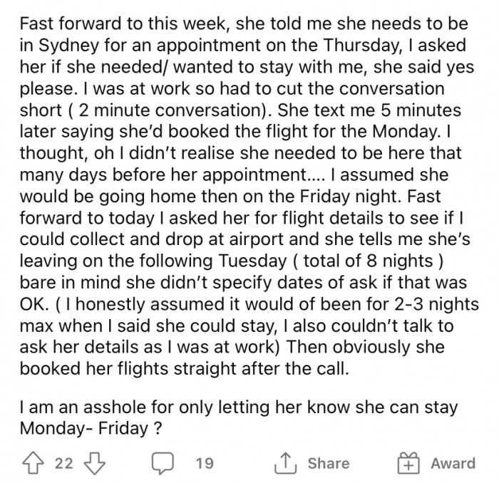 Although she loves her friend, the OP said she found five nights with her to be 