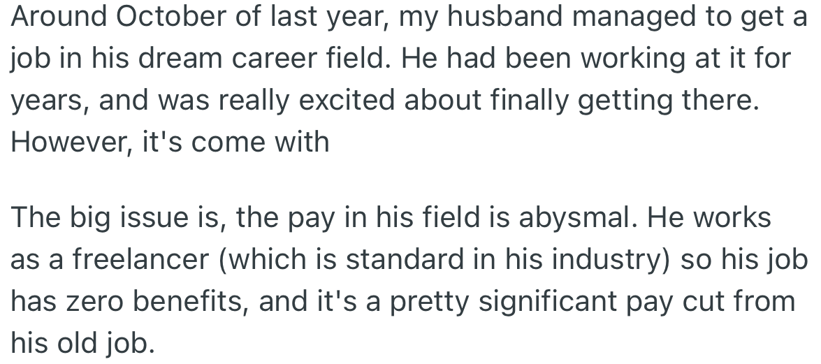 OP's husband finally got his dream job; however, the pay is low and offers no benefits.