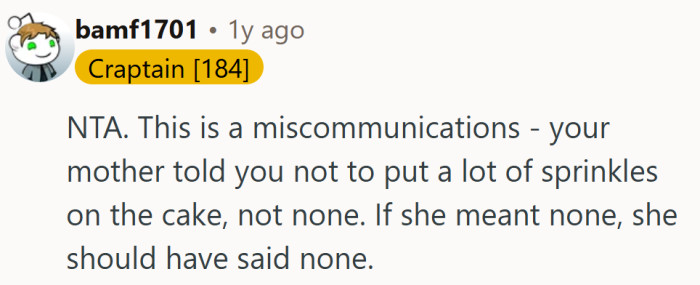 The sprinkle saga summed up in one sentence — words matter, especially when dessert is at stake.