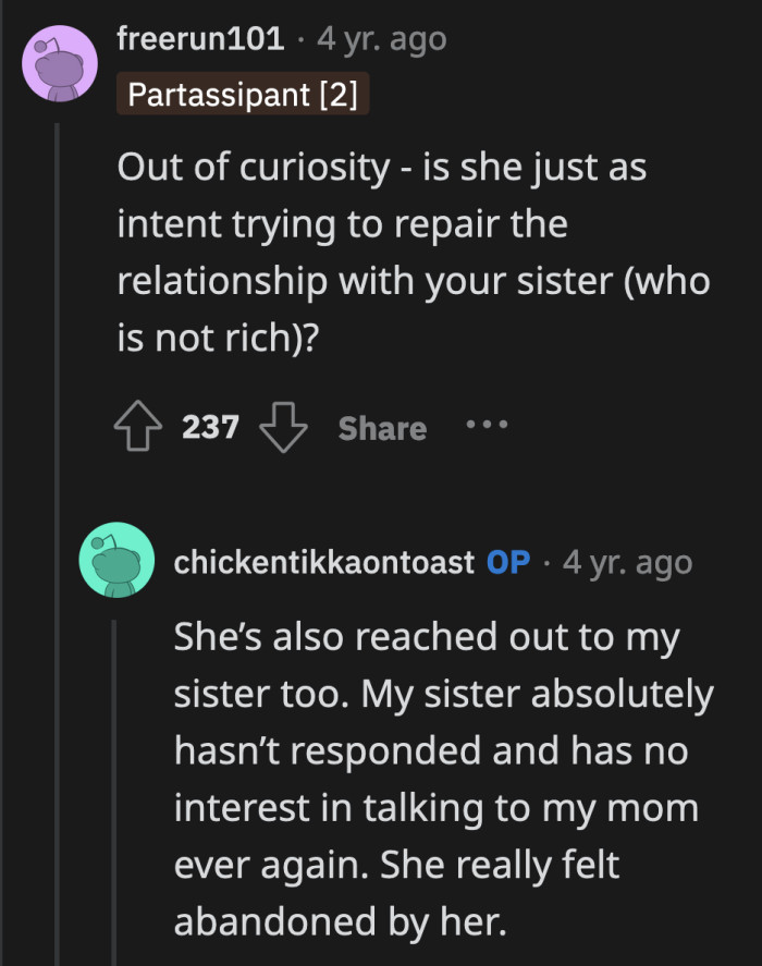 Since his sister knows their mom better, OP should trust her judgment and follow her lead on this