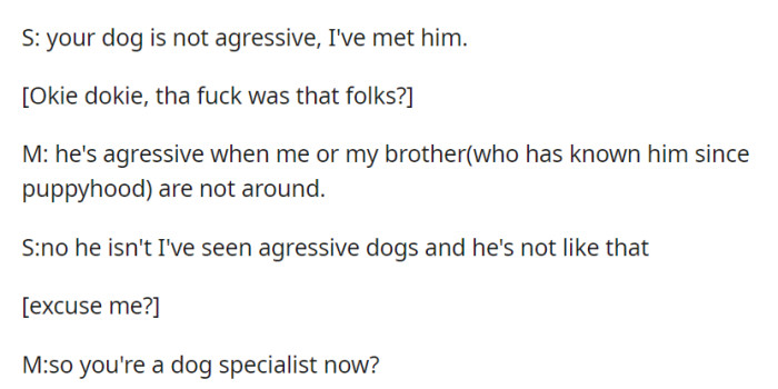 The mom expresses concern about the dog's aggression when they or their brother are not around, to which OP disagrees.