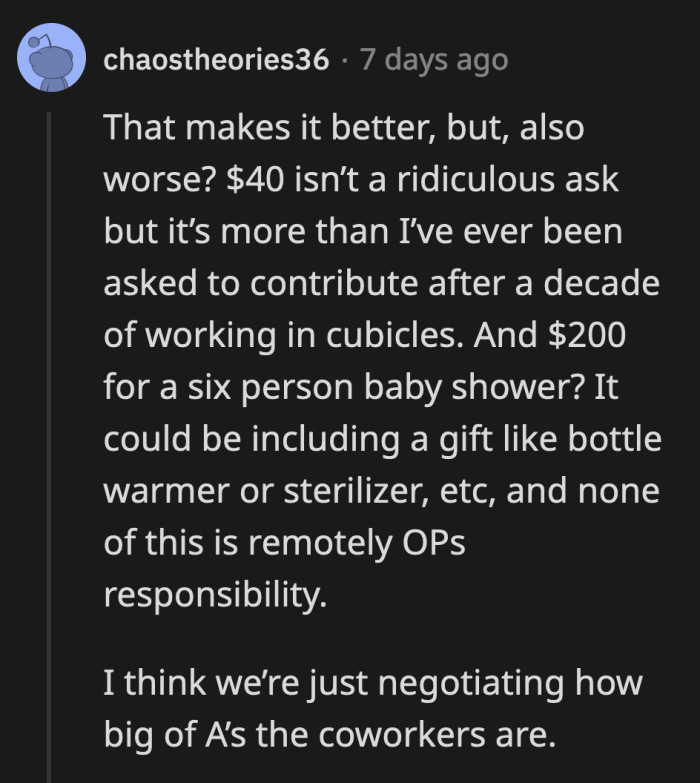 Still, no matter the amount, OP had no obligation to give his hard-earned money for a party at work