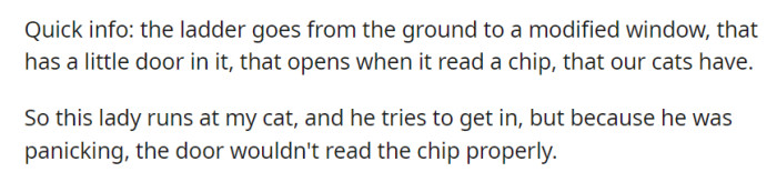 The lady's sudden charge left her cat Joker in a chip-activated door dilemma, causing quite the feline frenzy.