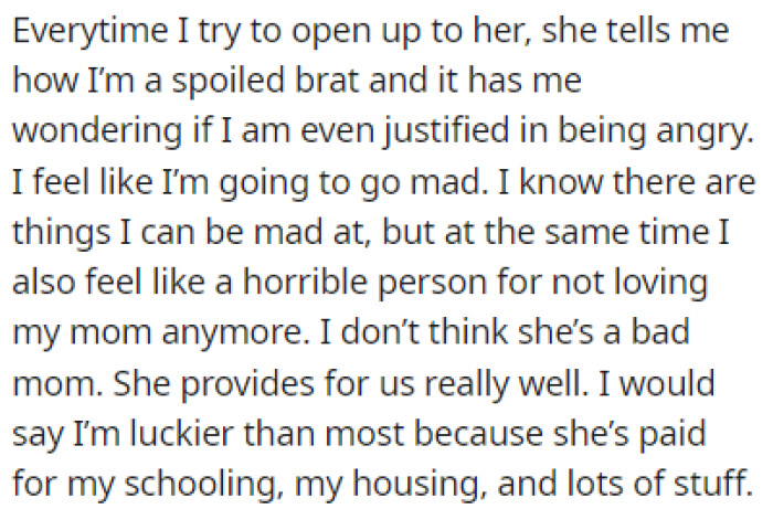 OP can't open up to her mom without being called a spoiled brat