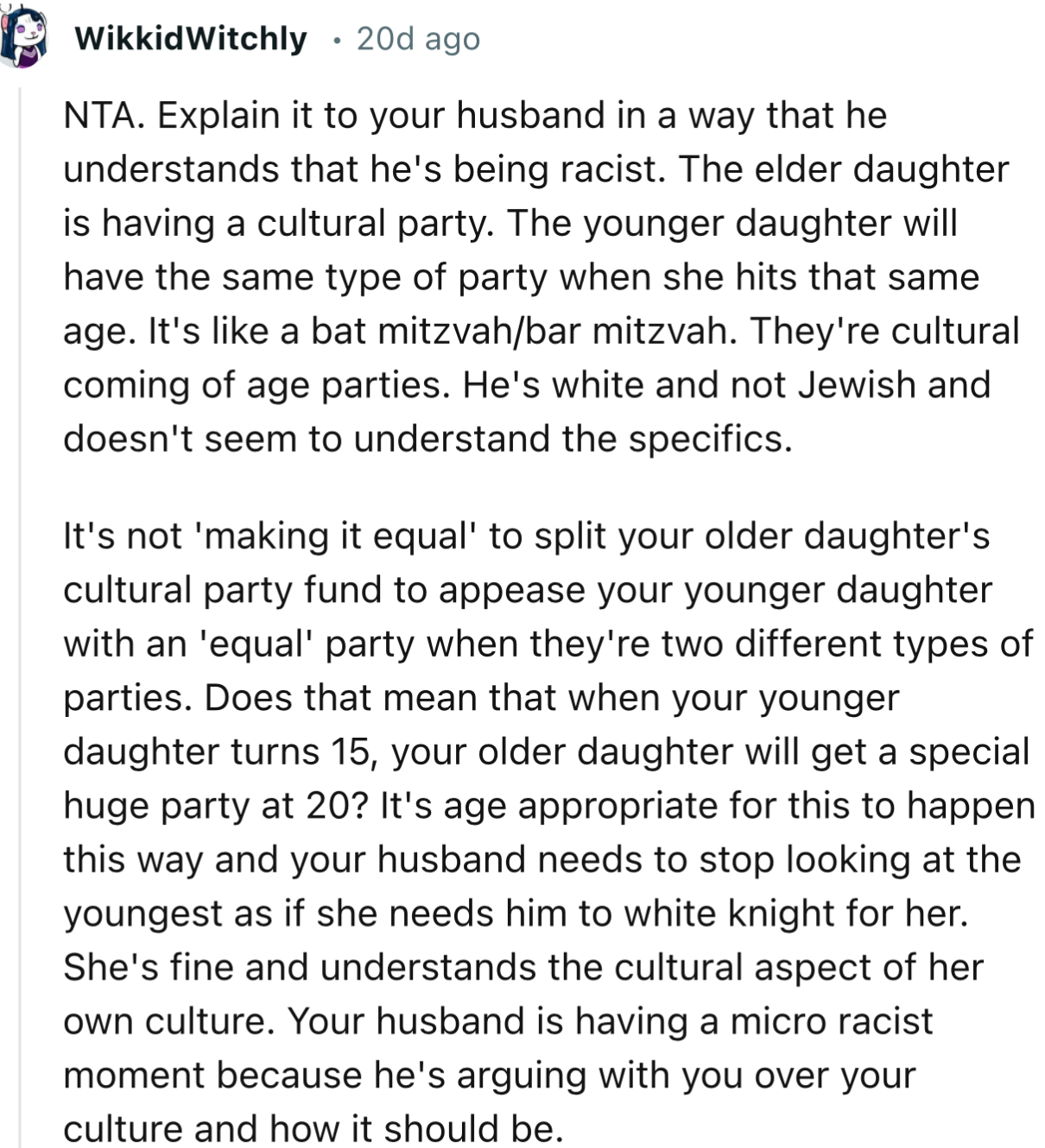 “Your husband is having a micro racist moment because he's arguing with you over your culture and how it should be.”