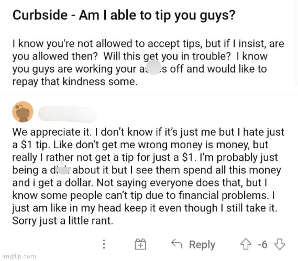 The convo between a customer who wants to tip and the curbside delivery person.