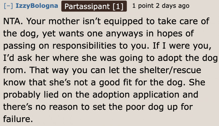 The OP can always report to the shelter about what her mom plans to do.