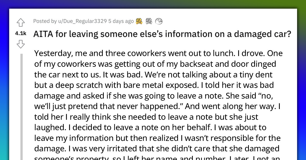 Redditor Leaves Note With Coworker's Info After She Caused A Deep Scratch In The Car Parked Next To Them