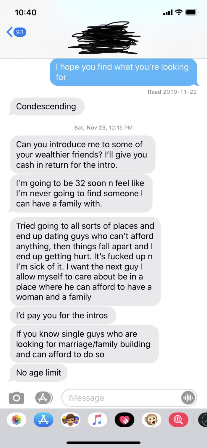 OP shares a simple screenshot of messages he received from a woman he was talking to, which reveals her true intentions regarding the situation.