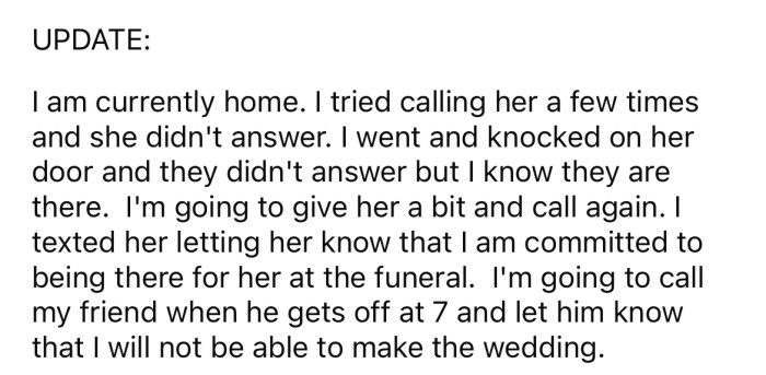 In another update, the OP said he decided not to attend the wedding.
